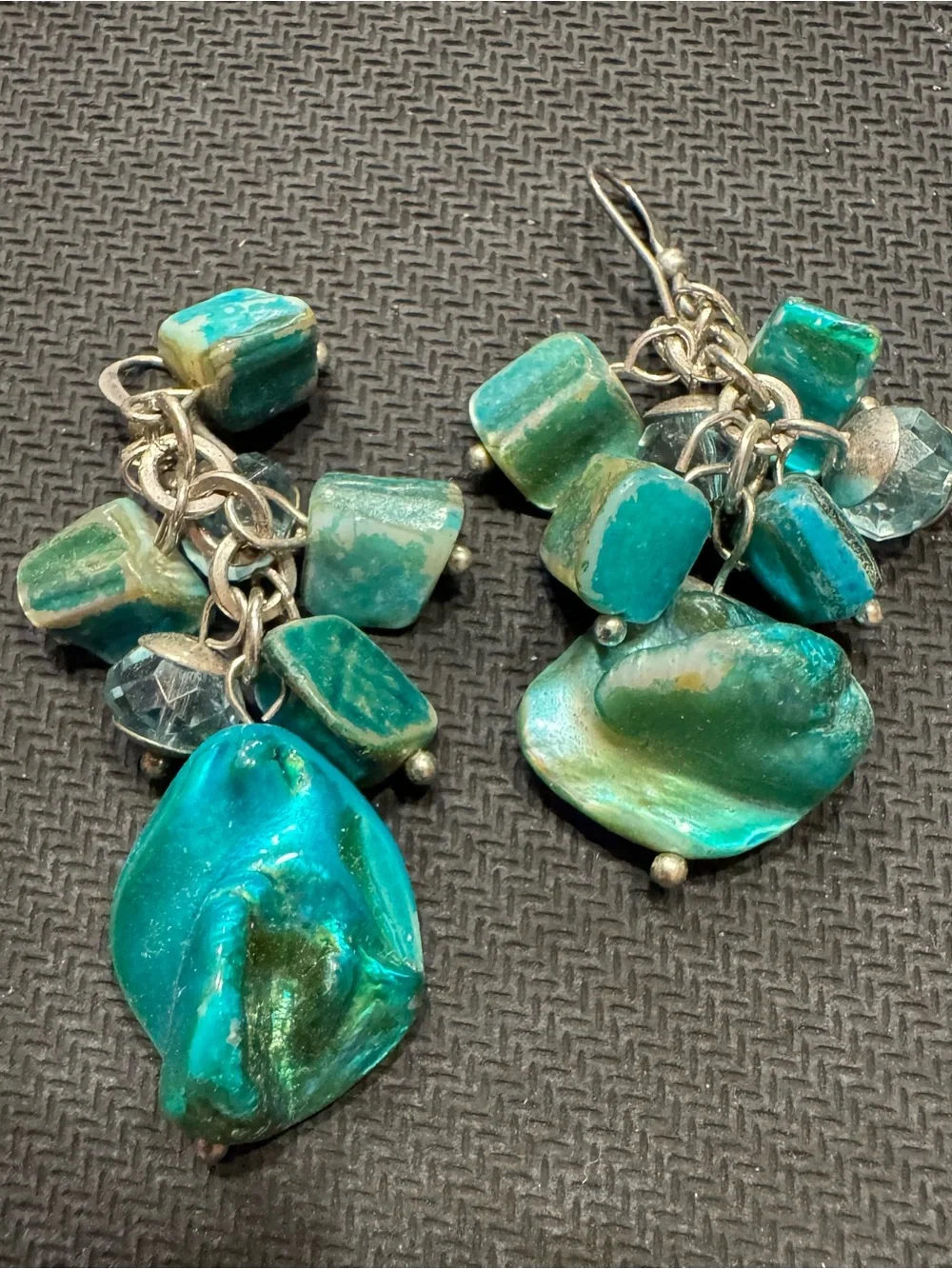 Artisan Gold Tone Earrings ft Clusters Green Blue Turquoise Sea Shell Nuggets